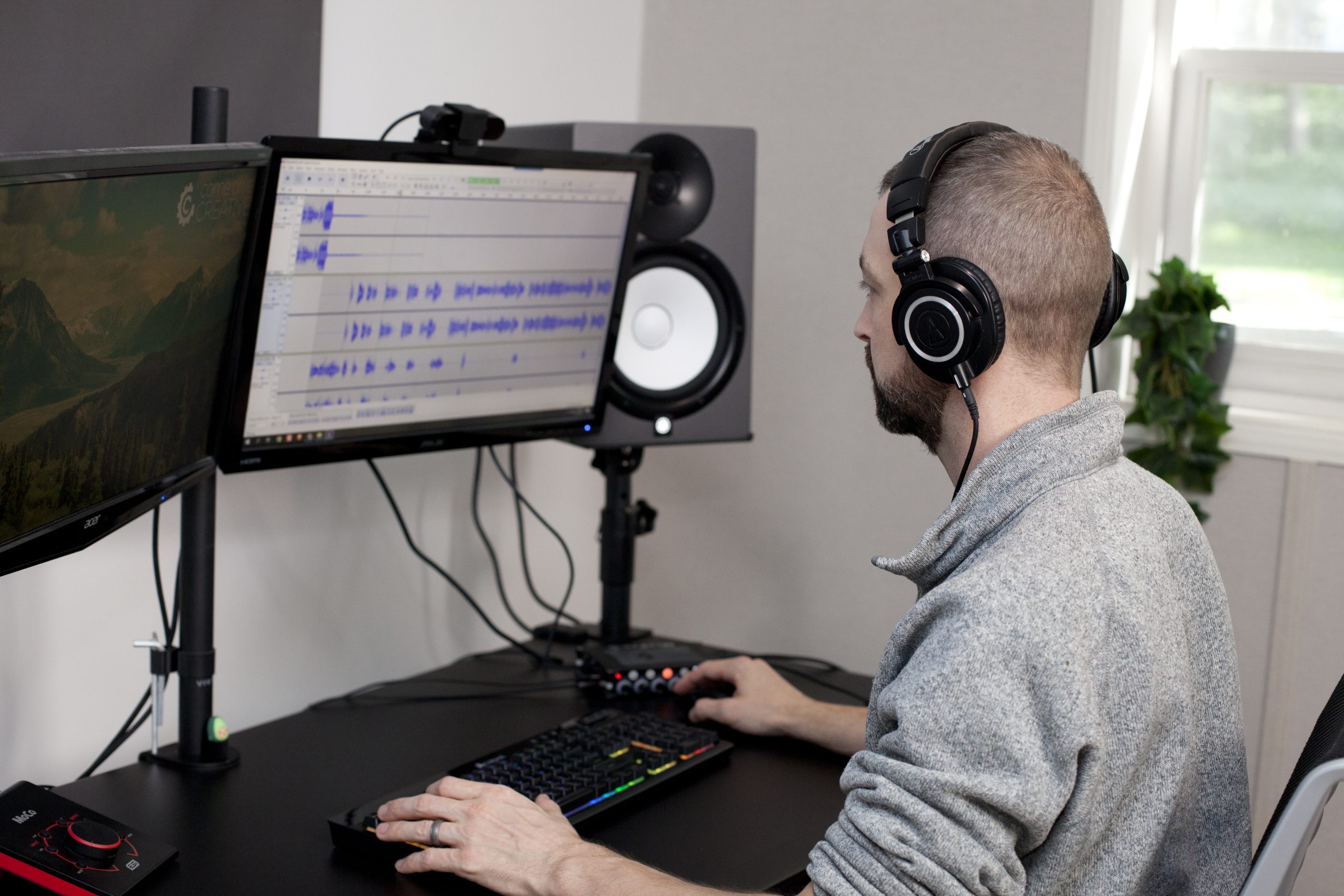 Jeff Large editing a podcast