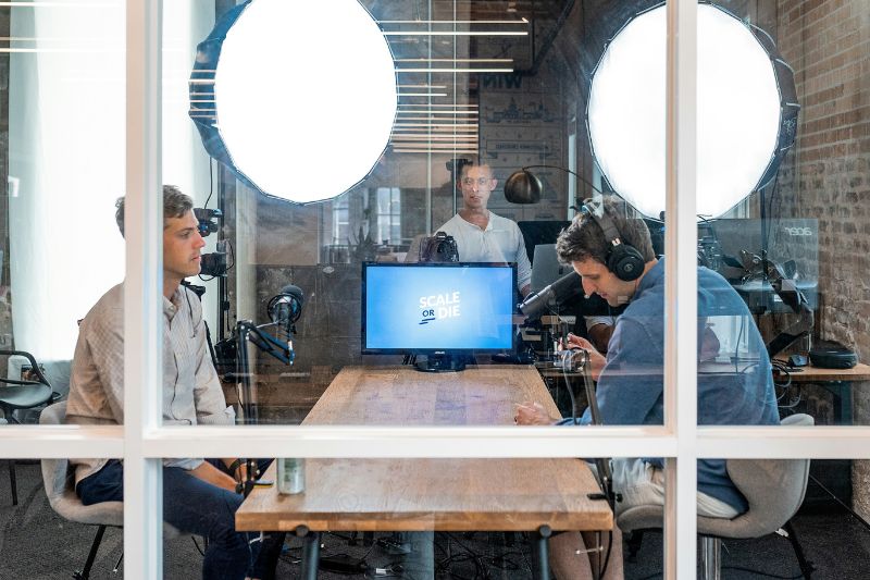 Recording a podcast in an office studio