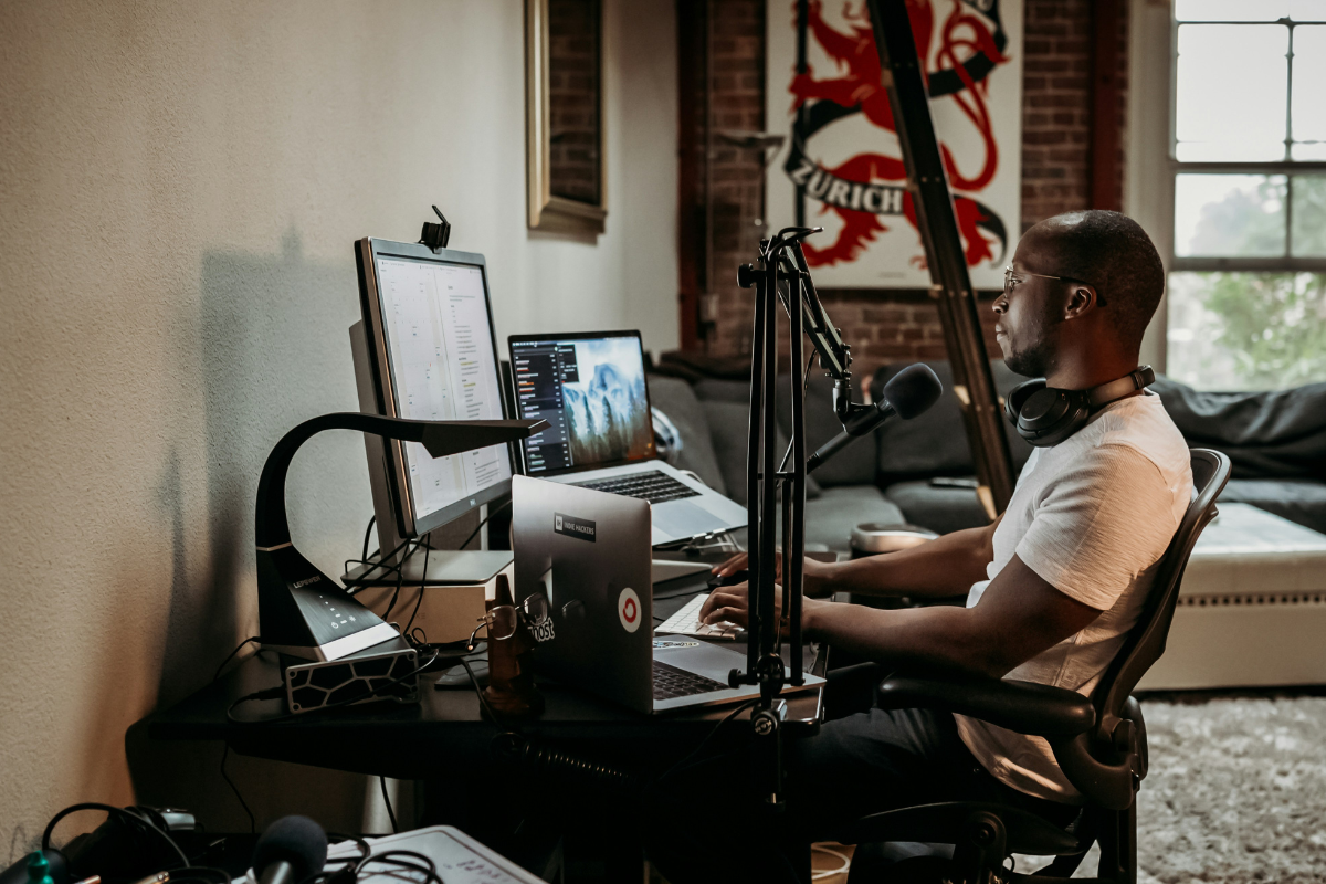 Man recording podcast