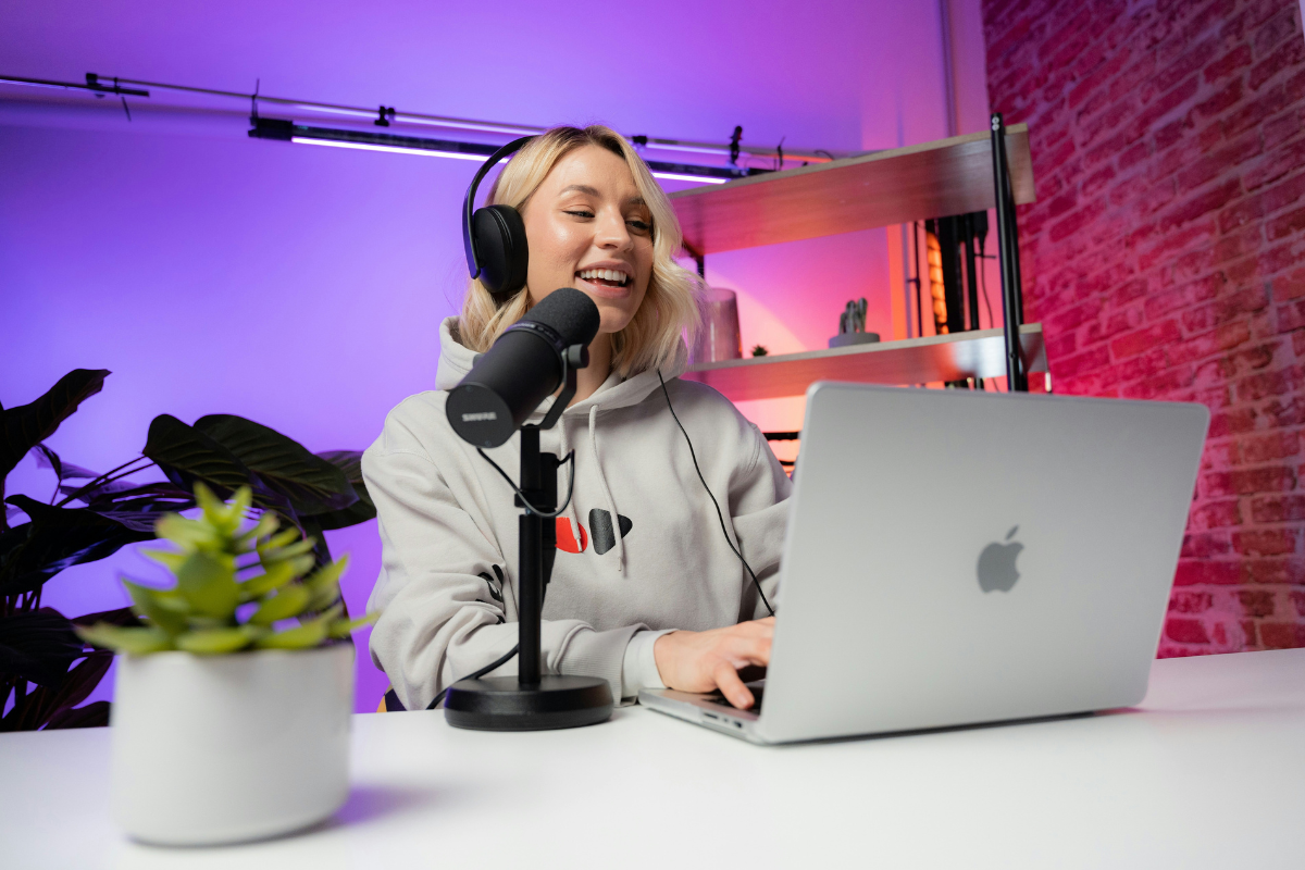 Woman recording podcast