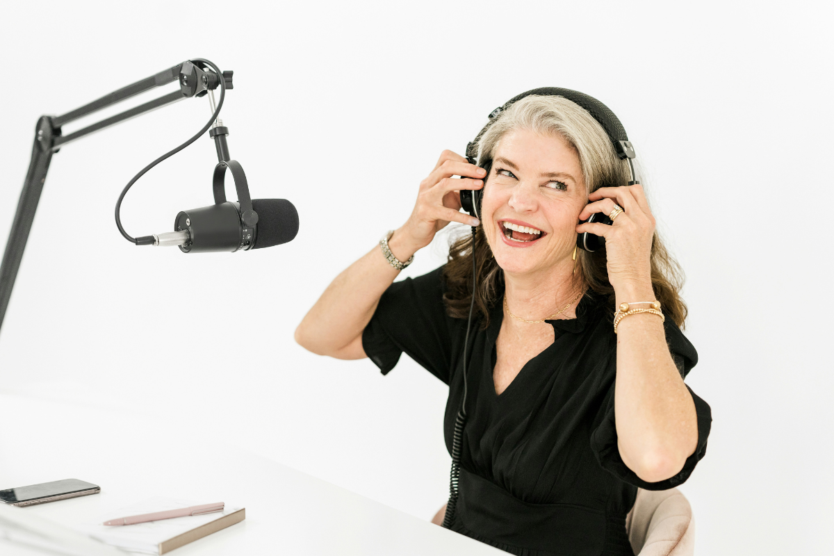 Woman recording a podcast