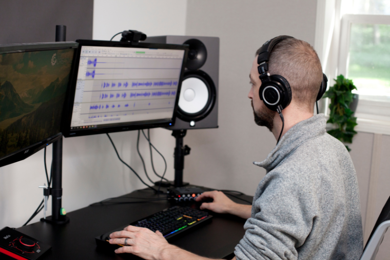 Jeff Large editing a podcast